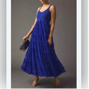 Anthropologie Let Me Be tiered stretchy blue midi maxi dress size S